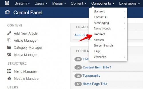 Joomla Administration Panel Redirect Component