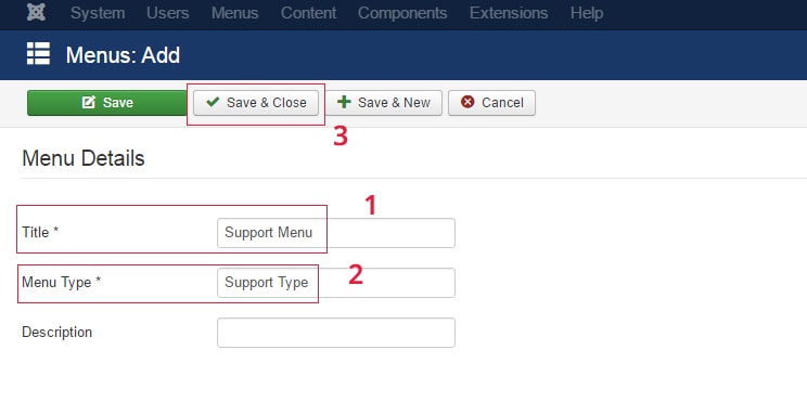Add new Joomla Menu title and type and joomla add new menu