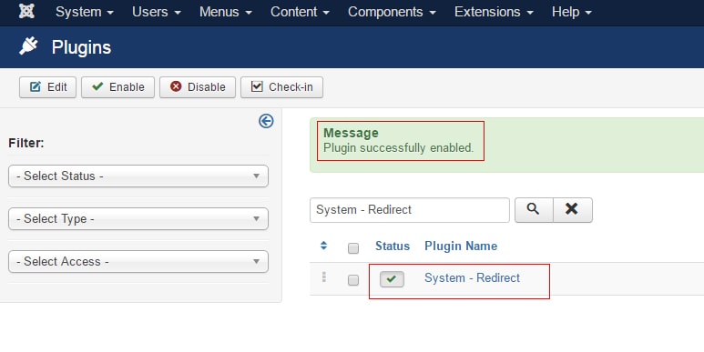 Enable Joomla System - Redirect Plugin