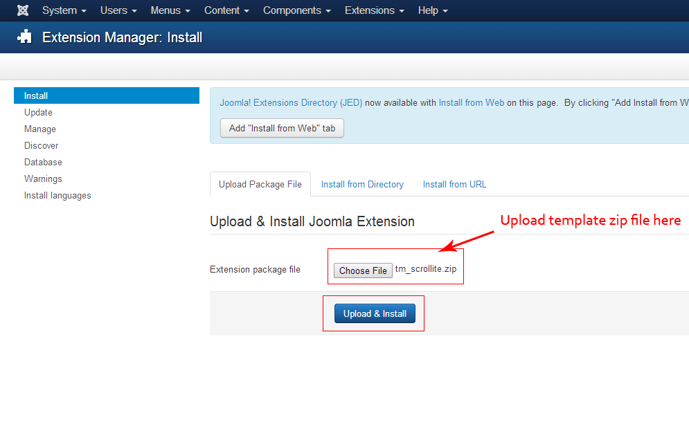 Joomla Template Installation Upload