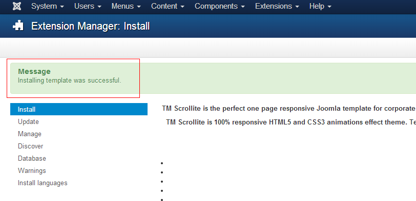 Joomla Template Installation Success